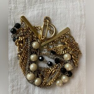 Multi Strands‎ of Chain Black Beads & Faux Pearls Statement Bracelet